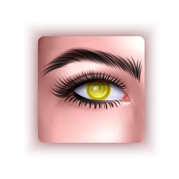 Vektorová ilustrace realistického lidského oka dívky s spirálovitým hypnotickým kosatkem žluté barvy — Stockový vektor