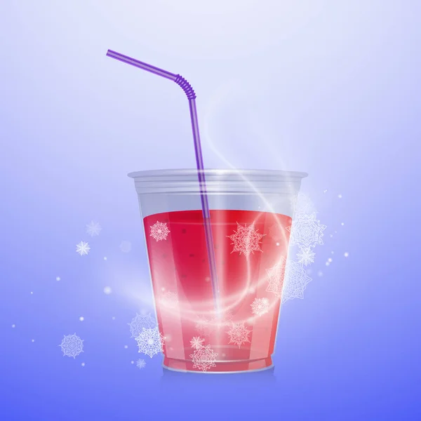 Koktail, segelas minuman dengan tubulus. Minuman pendingin dalam cangkir plastik dapat digunakan seperti desain untuk undangan atau menu pesta. Ilustrasi vektor realistis - Stok Vektor