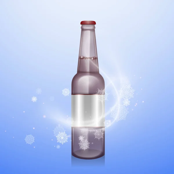 Anuncios de cerveza ligera escalofriante, cerveza premium en una botella de vidrio transparente, ilustración vectorial realista — Vector de stock