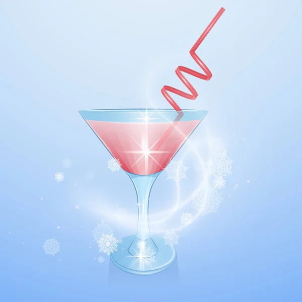 Kühlcocktail im Glas mit rotem Stroh, Vorderansicht. 3D fotorealistische Vektor-Illustration auf blauem Hintergrund — Stockvektor