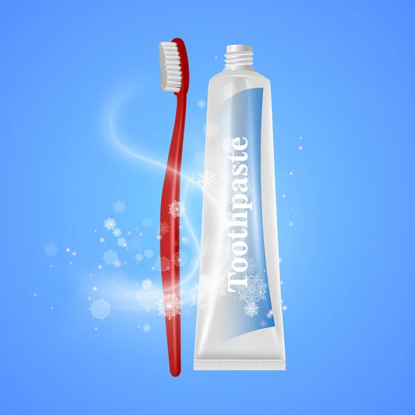 Tandpasta en tandenborstel, tandpasta, verfrissende adem realistische vector illustratie — Stockvector