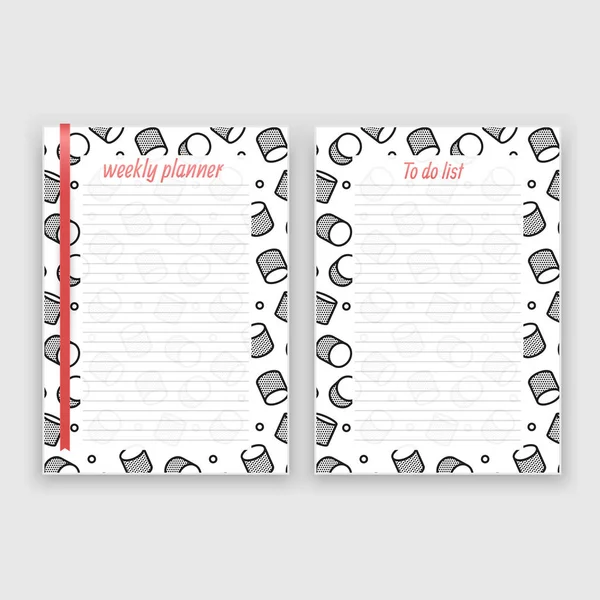 Conjunto de hoja de papel en formato a4 con planificador semanal y lista de plantillas de notas decoradas. Páginas imprimibles para diario o recordatorio para organización de tareas, ilustración vectorial en formato EPS 10 — Vector de stock