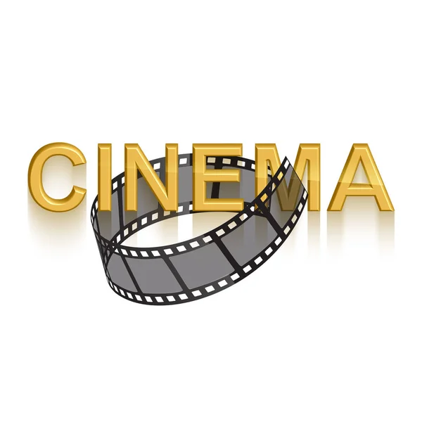 Plantilla de diseño de póster de cine. 3d texto dorado de cine decorado con tira de película sobre fondo blanco — Vector de stock