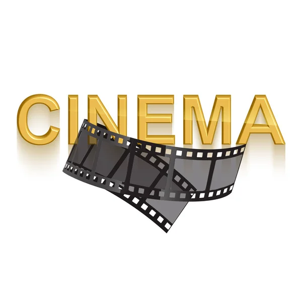 Kinoplakat-Design-Vorlage. 3D goldener Kinotext mit Filmstreifen auf weißem Hintergrund — Stockvektor