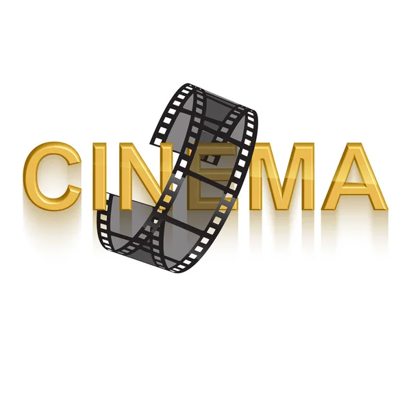 Modèle de conception d'affiche de cinéma. 3d texte doré du cinéma décoré avec bande de film sur fond blanc — Image vectorielle