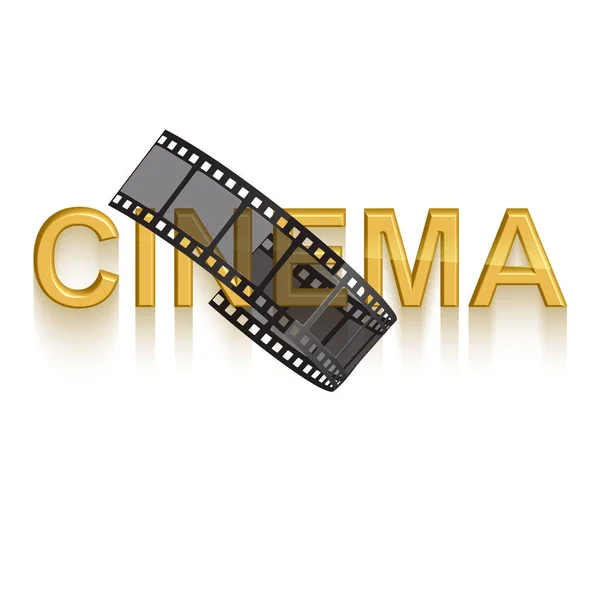 Plantilla de diseño de póster de cine. 3d texto dorado de cine decorado con tira de película sobre fondo blanco — Vector de stock