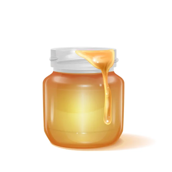 A glass pot full of honey and honey drop, Vector illustration isolated on white — Stock Vector