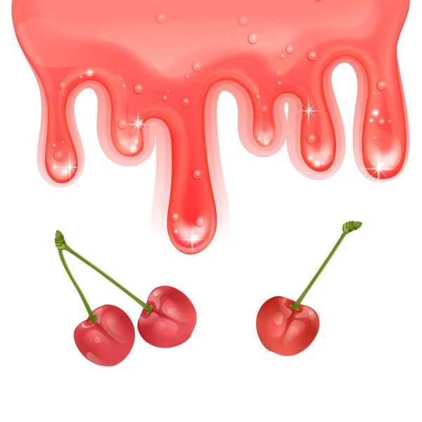 Flujo de mermelada de cereza roja, jarabe 3D realista Gotas líquidas sobre un fondo blanco, plantilla de diseño, ilustración vectorial — Archivo Imágenes Vectoriales