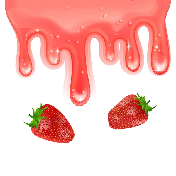 Flusso di confettura di fragole rosse, sciroppo 3D realistico Il liquido gocciola su uno sfondo bianco, modello di design, illustrazione vettoriale — Vettoriale Stock