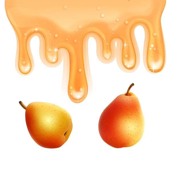 Flusso di marmellata di pere gialle, sciroppo 3D realistico Il liquido gocciola su uno sfondo bianco, modello di design, illustrazione vettoriale — Vettoriale Stock