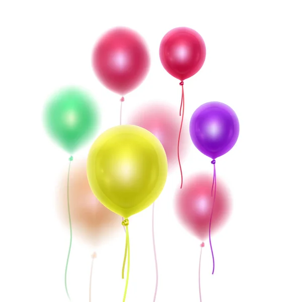 Globos realistas 3D brillantes de colores arcoíris con efecto difuminado. Elemento decorativo para el diseño de invitaciones de fiesta o tarjetas de felicitación, ilustración vectorial — Vector de stock