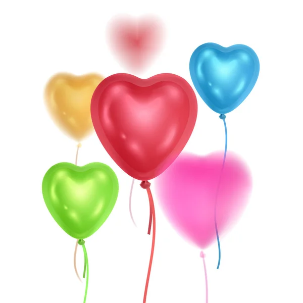 Ballons réalistes 3D brillants de couleurs arc-en-ciel avec effet flou. Ballons en forme de cœur Elément décoratif pour la conception d'invitation de fête ou cartes de vœux, Illustration vectorielle — Image vectorielle