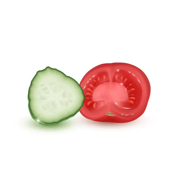 Ortaggi Pomodoro e Cetriolo in stile realistico. illustrazione cibo vegetariano su sfondo bianco — Vettoriale Stock