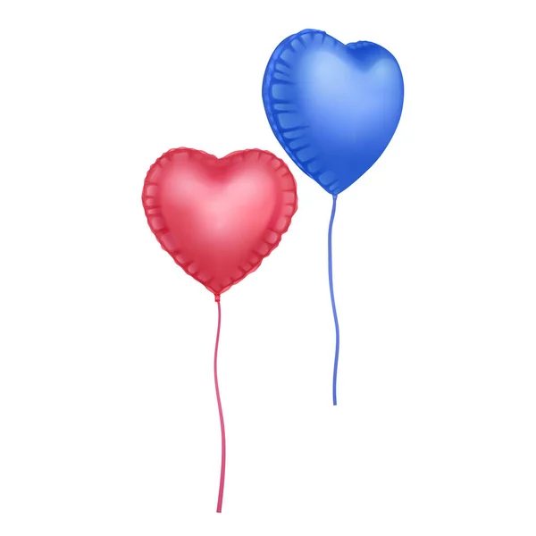 Dos globos de helio inflado rojo y azul con forma de corazón, parte para vacaciones de decoración, día de San Valentín y concepto de fiesta sobre fondo blanco — Archivo Imágenes Vectoriales