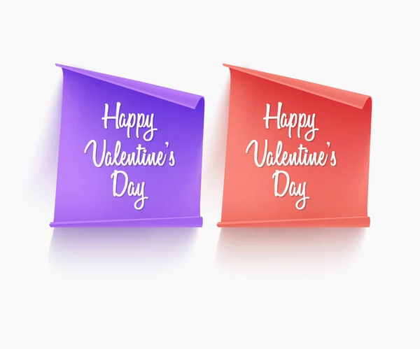 Set van papier banners van paarse en oranje kleuren, kan worden gebruikt als decoratie voor uw valentijn dag wenskaart of trouwdag, realistische vector illustratie — Stockvector