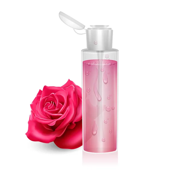 Modelo para embalagem líquida de design, design para catálogo ou revista. Pacote cosmético. Toner hidratante, água micelar com extrato de rosa ilustração vetorial realista — Vetor de Stock