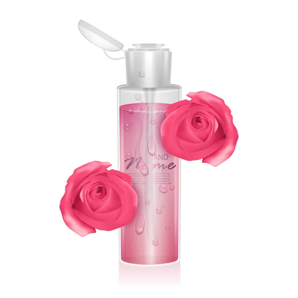 Sjabloon voorontwerp vloeibare verpakking, ontwerp voor catalogus of tijdschrift. Cosmetische pakket. Hydraterende Toner, micellaire water met Rose extract realistische vector illustratie — Stockvector