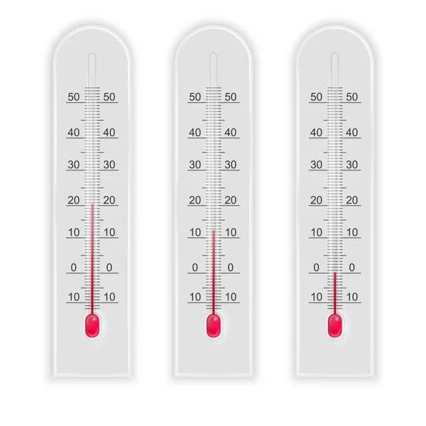 Zestaw 3D realistyczna ilustracja pomiar temperatury na białym tle termometr. Prognoza pogody meteorologia, klimat — Wektor stockowy