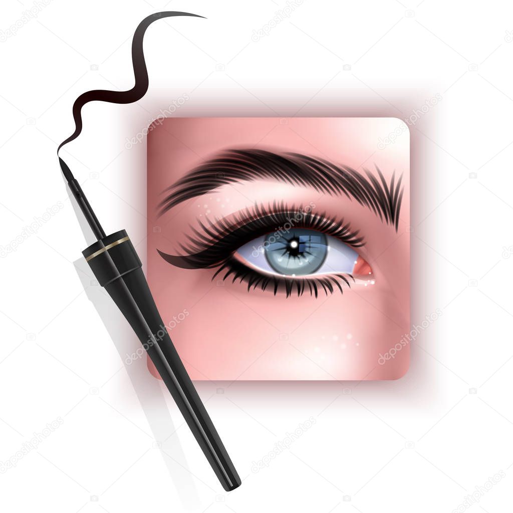 Realistic illustration of eye applying eyeliner close up, woman applies eyeliner, Vector EPS 10 illustration