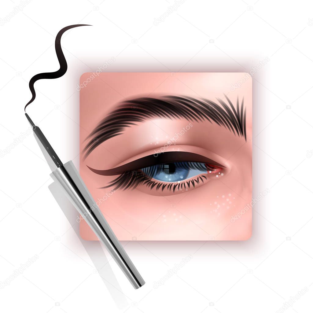 Realistic illustration of eye applying eyeliner close up, woman applies eyeliner, Vector EPS 10 illustration