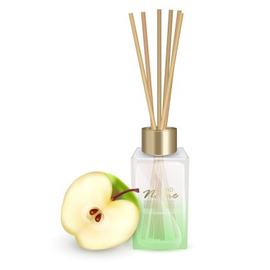 Aroma çubukları ile Vektör illüstrasyon cam kavanoz, elma aroması Sticks. Beyaz arka planda gerçekçi Vektör çizimi