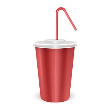 Soğuk içecek için kapaklı kırmızı kağıt tek kullanımlık bardak ve içecek pipeti -soda, buzlu çay veya kokteyl, Gerçekçi ambalaj mockup şablonu, Vektör Eps 10 format