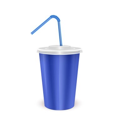 Soğuk içecek için kapaklı mavi kağıt tek kullanımlık bardak ve içecek pipeti -soda, buzlu çay veya kokteyl, Gerçekçi ambalaj mockup şablonu, Vektör Eps 10 format