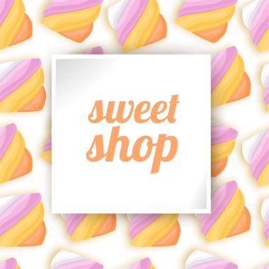 Şeker afişi, tatlı dükkanı. Tatlılar ile renkli sorunsuz arka plan. Vektör çizimi.
