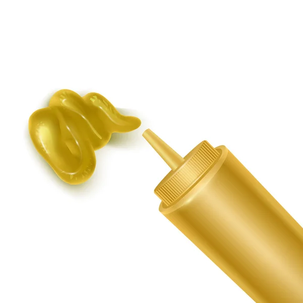 Bottle and spilled sauce of mustard, Top view of a bottle of mustard with a small blob squeezed out onto a white background. Vector Eps 10 illustration — Stock Vector