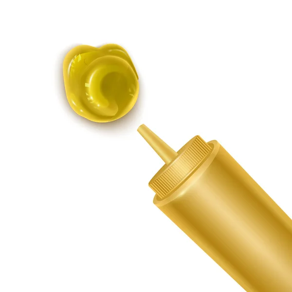 Bottle and spilled sauce of mustard, Top view of a bottle of mustard with a small blob squeezed out onto a white background. Vector Eps 10 illustration — Stock Vector