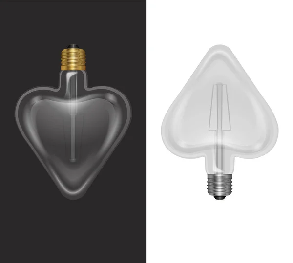 Lampadina realistica a forma di cuore in stile retrò, la lampada sembra buona su substrato scuro o leggero, formato Vector EPS 10 — Vettoriale Stock