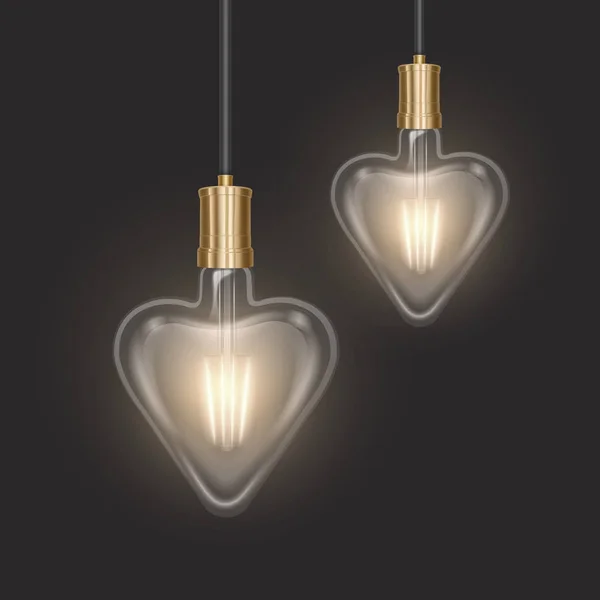 Ensemble d'ampoules en forme de coeur dans un style rétro sur substrat sombre, ampoules lumineuses dans un style réaliste Vector EPS 10 format — Image vectorielle