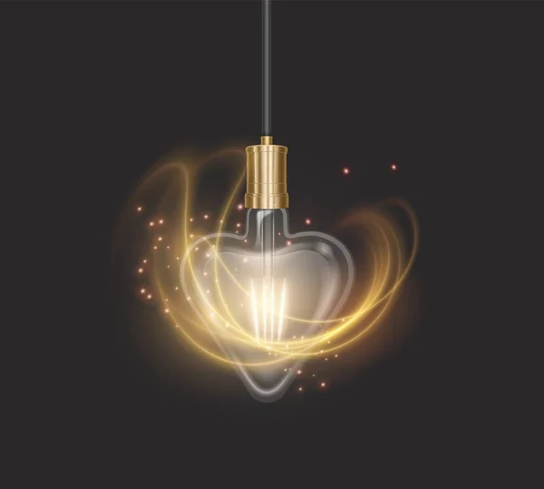 Hjärtformad glödlampa i retrostil på mörkt substrat, glödande glödlampa i realistisk stil vektor illustration — Stock vektor