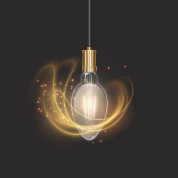 The bulb in retro style on dark substrate, glowing light bulb in realistic style Vector illustration — Stock Vector