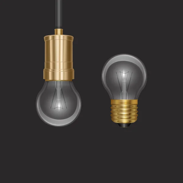 Realistisk glödlampa bakgrund med luminant lins lampa hängande på tråd på mörk bakgrund vektor EPS 10 illustration — Stock vektor