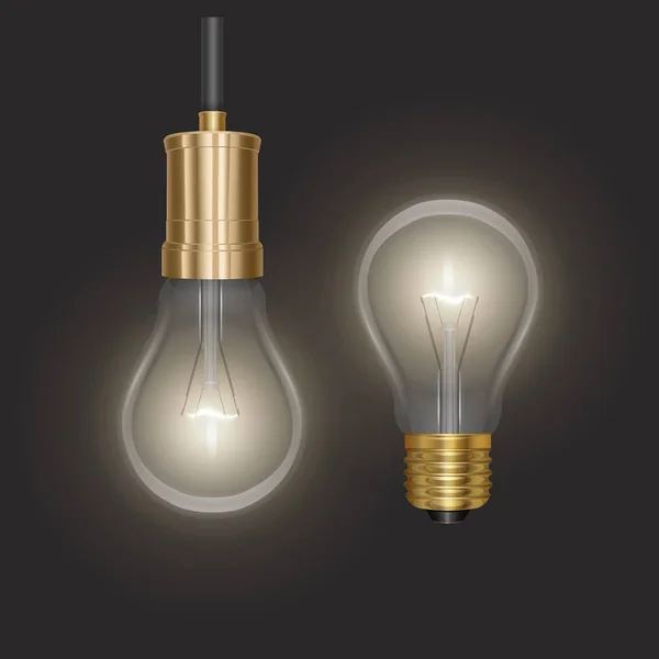 Fond d'ampoule lumineux réaliste avec lampe d'extrémité à lentille lumineuse suspendue sur fil sur fond sombre illustration vectorielle — Image vectorielle