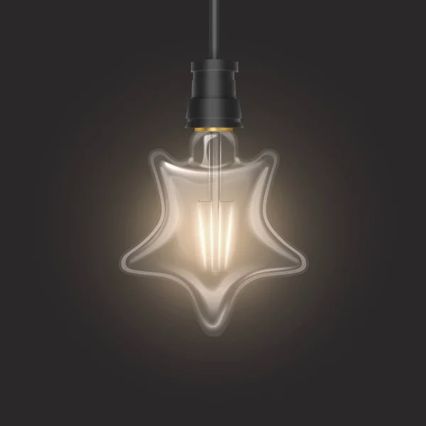 Star shaped bulb in retro style on dark substrate, glowing light bulb in realistic style Vector illustration — Stock Vector