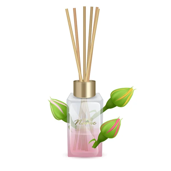 Vector illustratie glazen pot met aroma sticks, Sticks van rozen aroma. Realistische vectorillustratie op witte achtergrond — Stockvector