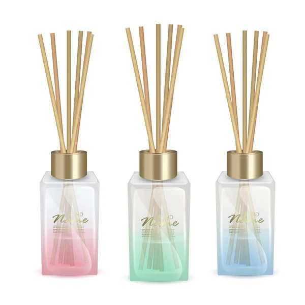Ilustración vectorial frascos de vidrio con varillas de aroma, ilustración vectorial realista sobre fondo blanco — Vector de stock
