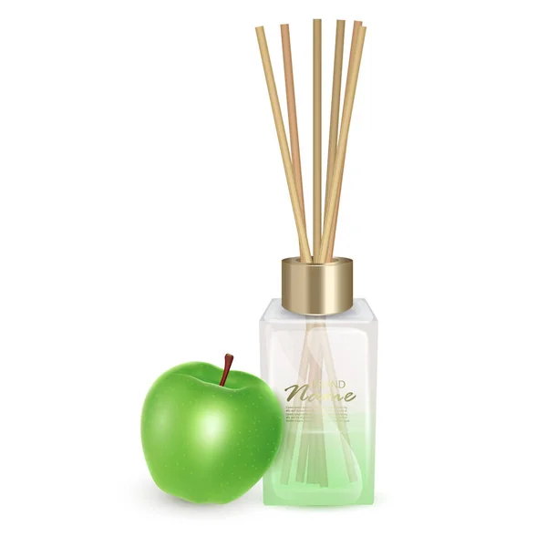 Ilustración vectorial tarro de vidrio con palos de aroma, palos de aroma de manzanas. Ilustración vectorial realista sobre fondo blanco — Vector de stock