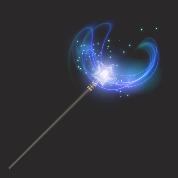 Magic wand on dark background, beautiful light effects with magical sparkle glittering texture — Stock Vector