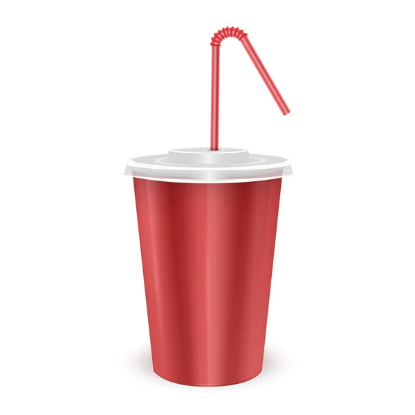 Red paper disposable cup with lid and drinking straw for cold beverage -soda, ice tea or cocktail, Realistic packaging mockup template, Vector EPS 10 format — Stock Vector