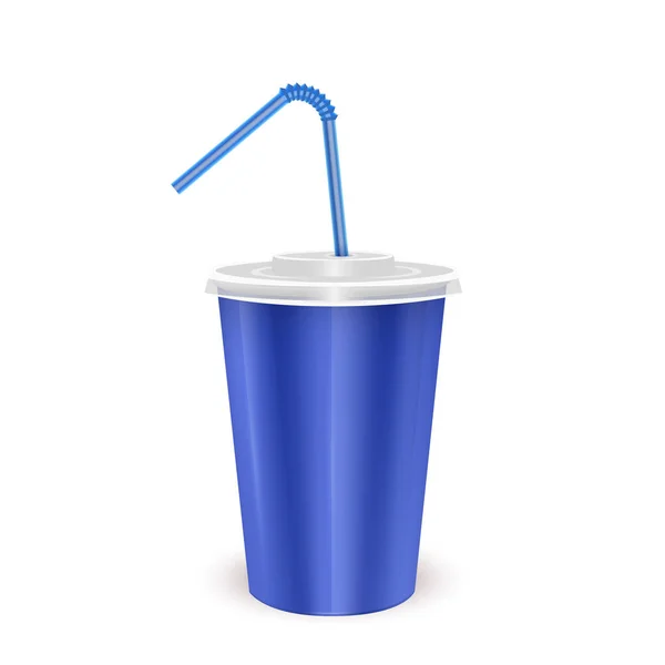 Blauer Einwegbecher aus Papier mit Deckel und Trinkhalm für kalte Getränke - Limo, Eistee oder Cocktail, realistische Verpackungs-Attrappe, Vektor-Format eps 10 — Stockvektor