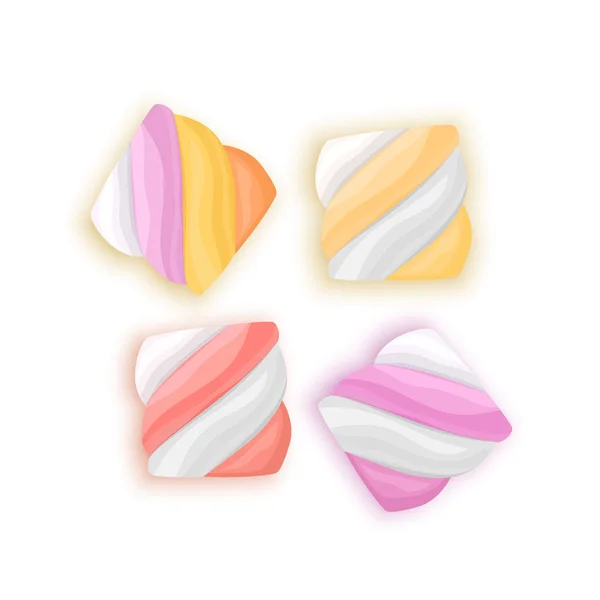 Marshmallow op witte achtergrond vector illustratie in cartoon stijl. Kleurrijke gedraaide marshmallows instellen — Stockvector