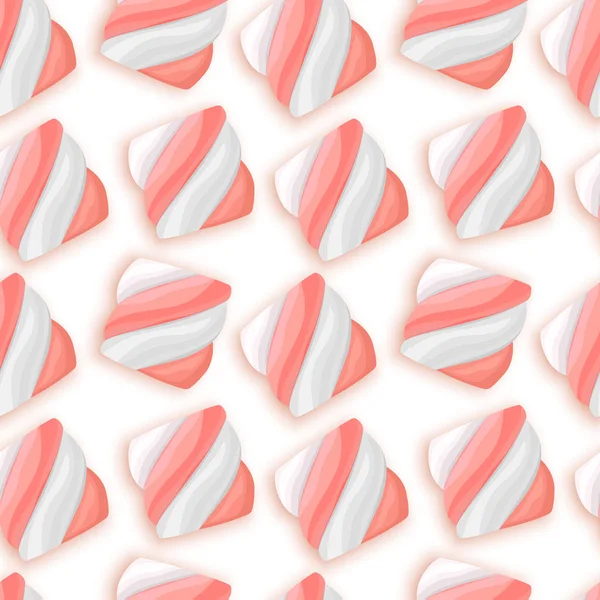 Nahtloses Muster mit Marshmallows auf weißem Hintergrund. Illustration des Desserts im Cartoon-Stil. Vektor eps 10 Format — Stockvektor
