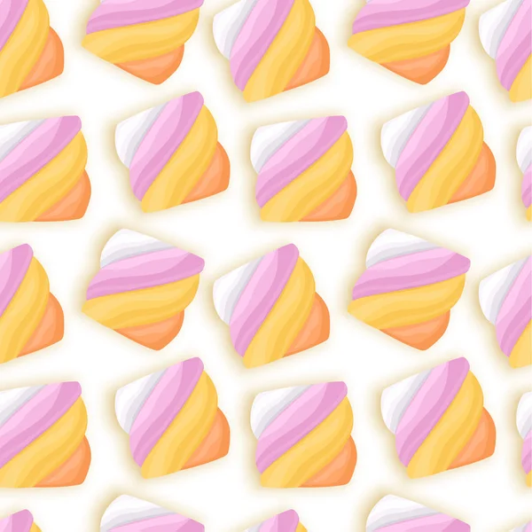 Nahtloses Muster mit Marshmallows auf weißem Hintergrund. Illustration des Desserts im Cartoon-Stil. Vektor eps 10 Format — Stockvektor