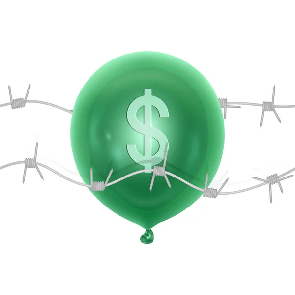 Symbool van de val van de dollar, prikkende of barstende dollar ballon met een naald, Vector Eps 10 formaat — Stockvector