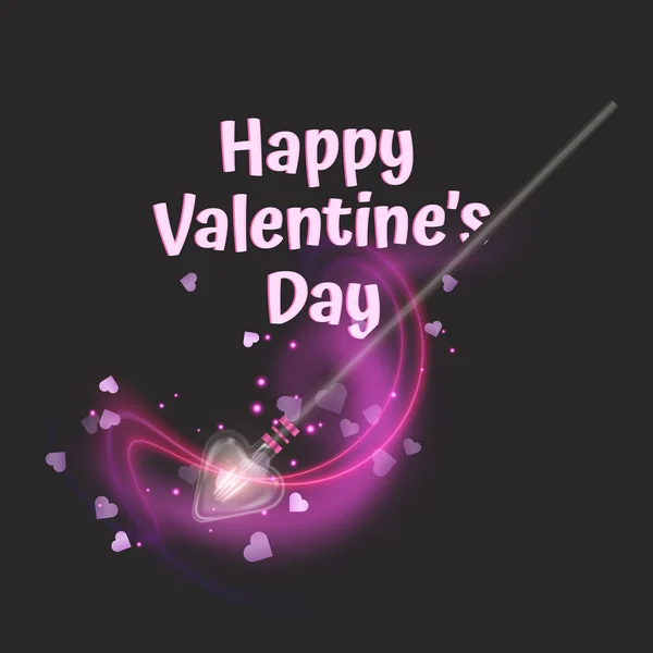 Valentine day greeting card with Magic wand on dark background, beautiful light effects with magical sparkle — Stock Vector