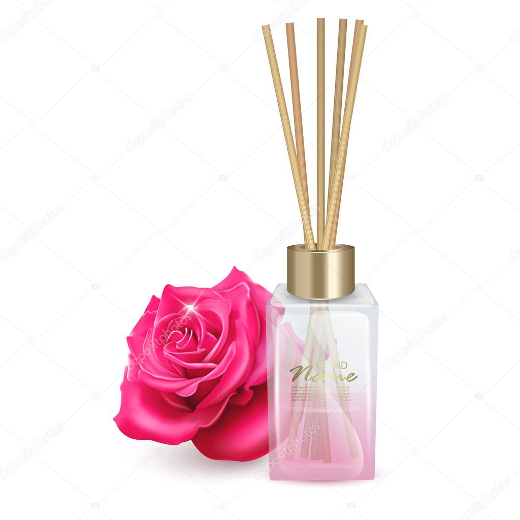 Vector illustration glass jar with aroma sticks, Sticks of roses aroma. Realistic Vector illustration on white background