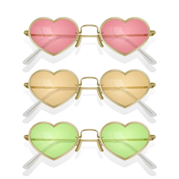 Set of Realistic sunglasses with colored frames with shape of hearts, vector illustration — Stock Vector